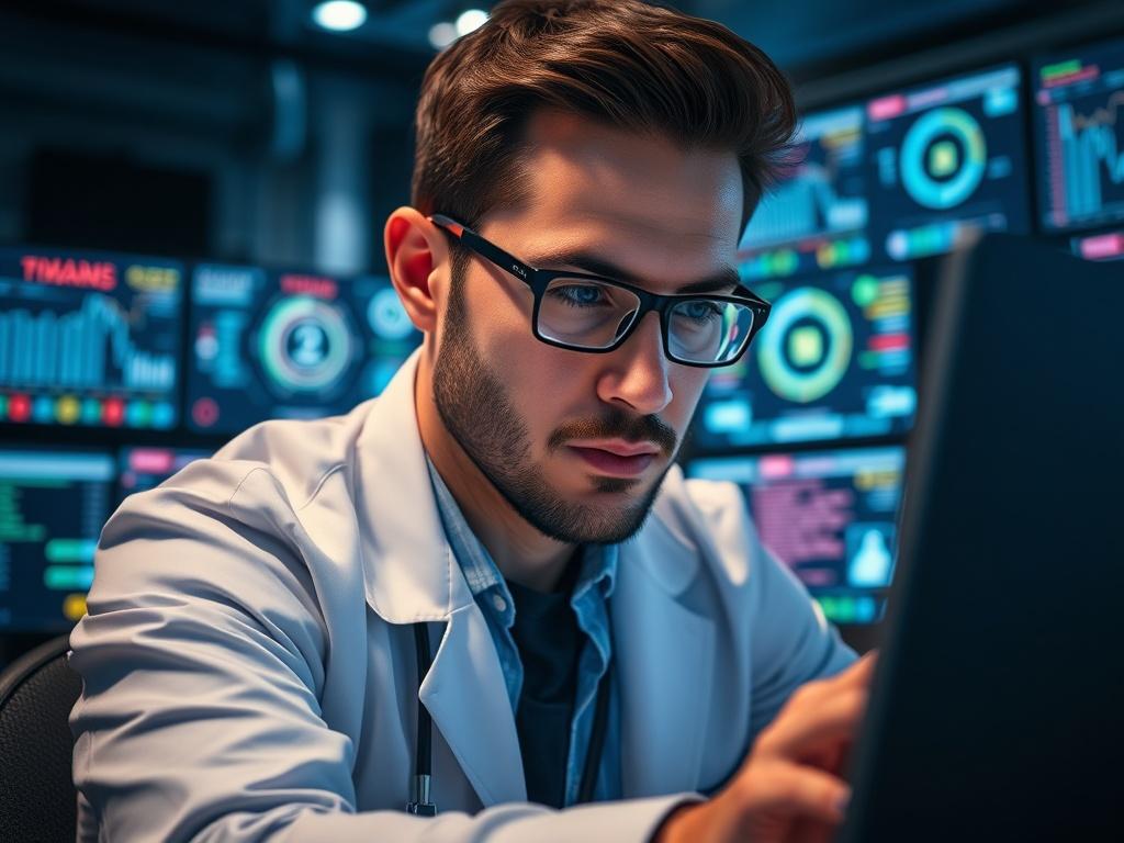 A close up shot of a cybersecurity expert analyzing security