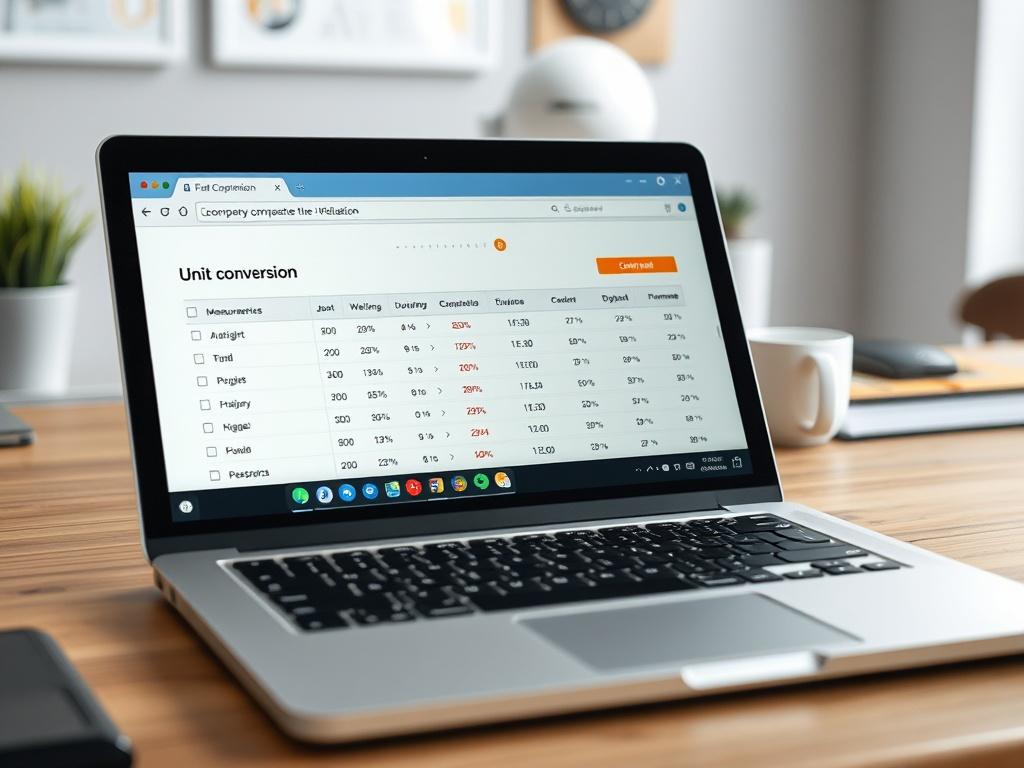 A close-up shot of a laptop showing a user-friendly unit conversion webpage with various measurement categories like weight, volume, and temperature. The laptop is placed on a desk with a simple, tidy workspace in the background, creating a professional and inviting atmosphere.