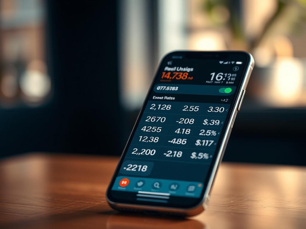 A close-up shot of a smartphone displaying real-time currency exchange rates on a sleek app interface. The background is softly blurred to emphasize the phone, with warm natural lighting highlighting the screen details. The image conveys a sense of modernity and convenience, focusing solely on the smartphone without any additional elements.