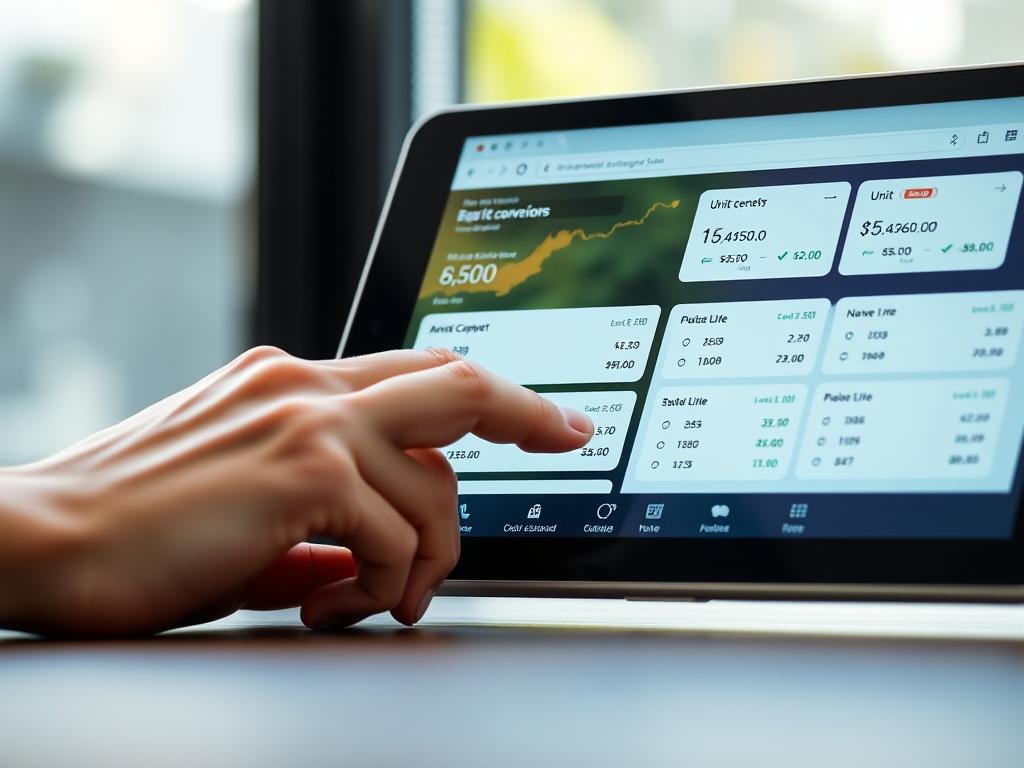 A close-up shot of a user interacting with a beautifully designed web app interface on a tablet. The screen displays a clear and attractive layout for currency and unit conversions, with vibrant colors and easy-to-read fonts. The background is softly blurred to enhance focus on the tablet.