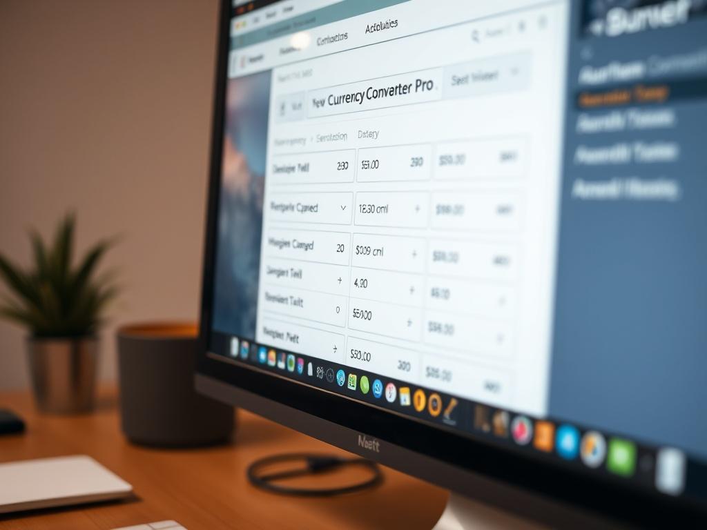 A close-up shot of a computer screen displaying the Currency Converter Pro web app interface, showcasing a clean and attractive design with currency and unit conversion options visible. The background should be simple and focused on the screen, with soft lighting to emphasize the app's usability.