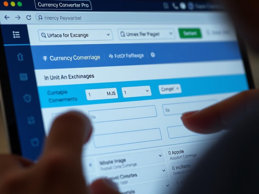 A close-up shot of a user selecting conversion types on the Currency Converter Pro web app, highlighting options for currency exchange and various unit measurements. The interface should appear intuitive and visually appealing, with vibrant colors and clear buttons, ensuring a smooth user experience.