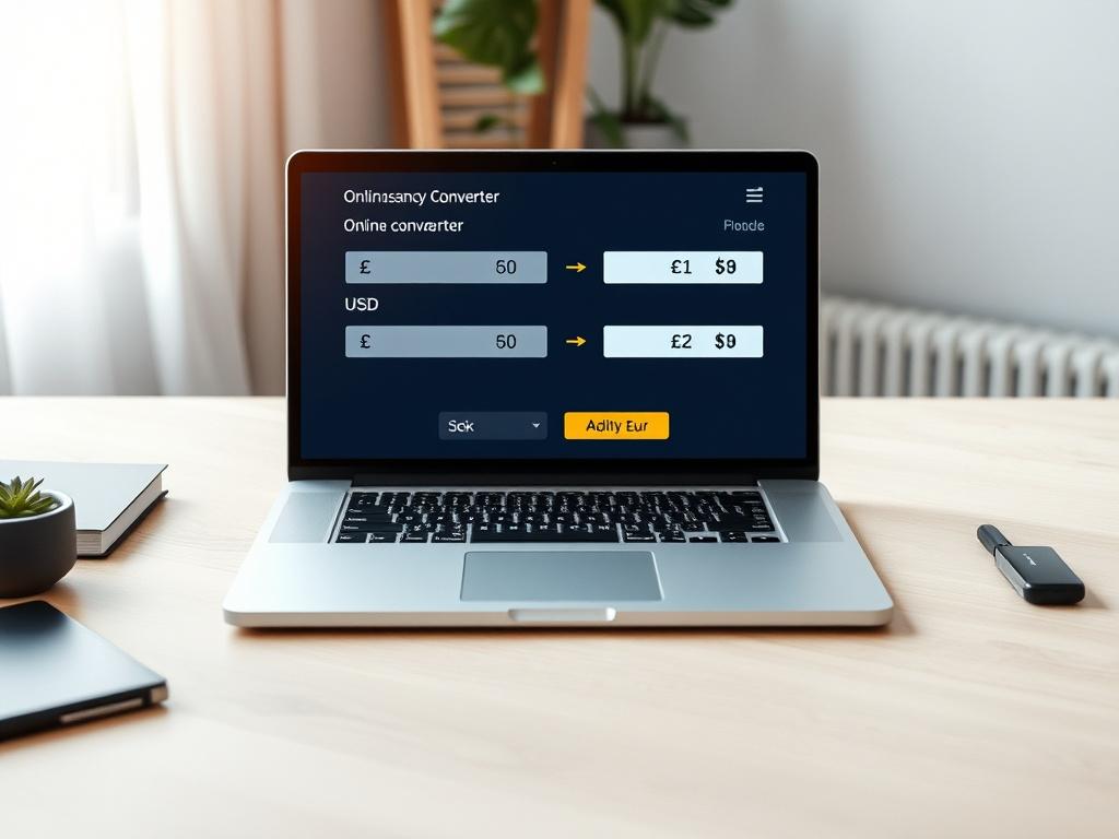 **AI Image Generation Prompt:**

Create a realistic high-resolution photo that embodies the essence of an online currency converter, capturing its significance as an essential tool for instant currency conversions. 

**Composition:**   
- Frame the image with a clean and simple layout, focusing solely on one central subject.  

**Subject Matter:**  
- The primary subject should be a high-quality, hyper-realistic depiction of a sleek, modern laptop displaying an online currency converter interface. Make sure