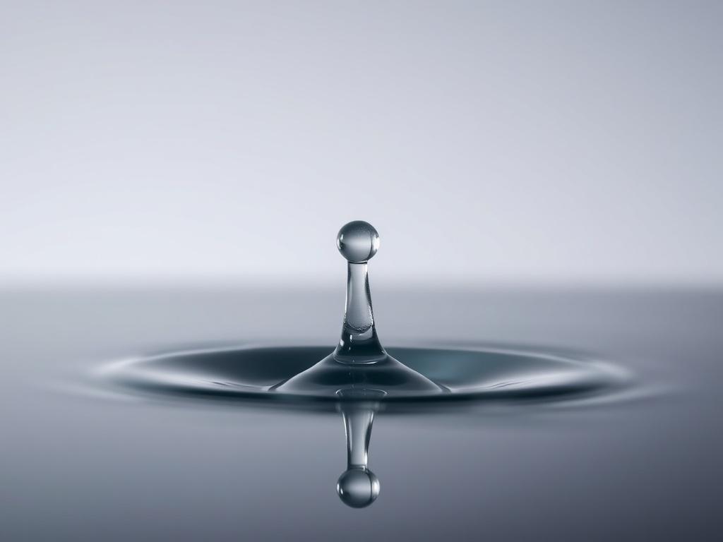 A close-up shot of a droplet of water on a smooth surface, with the droplet's reflection clearly visible. The background should be a soft gradient, emphasizing the concept of surface tension. The image should be captured with a 45mm f/1.2 lens style.