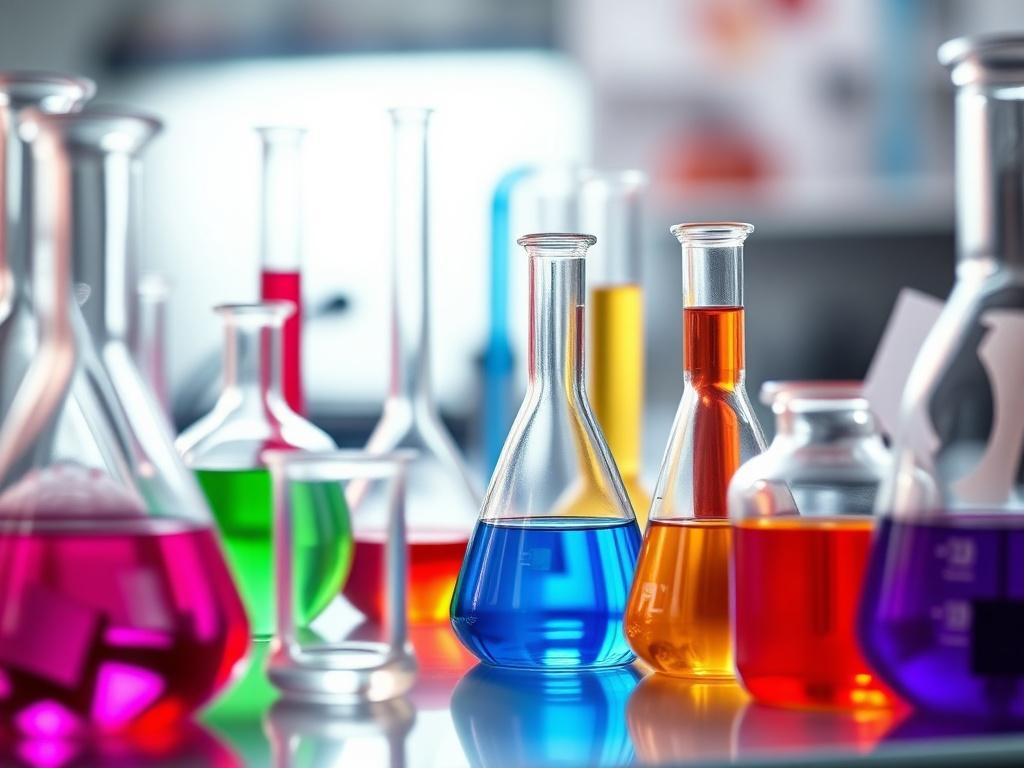 A close-up shot of a laboratory setup, featuring various glassware like beakers and flasks filled with colorful solutions. The background should be softly blurred to emphasize the glassware, showcasing the vibrant colors of the liquids, symbolizing the concept of concentration in chemistry. Shot with a 45mm f/1.2 lens style.