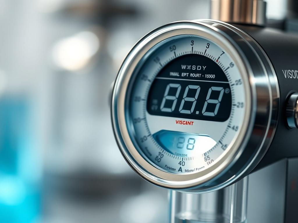 A close-up shot of a rotating viscometer with a clear liquid inside, showcasing the measurement scale and a digital readout. The background should be softly blurred, focusing on the viscometer to highlight its functionality in measuring viscosity. The scene should be shot with a 45mm f/1.2 lens style.