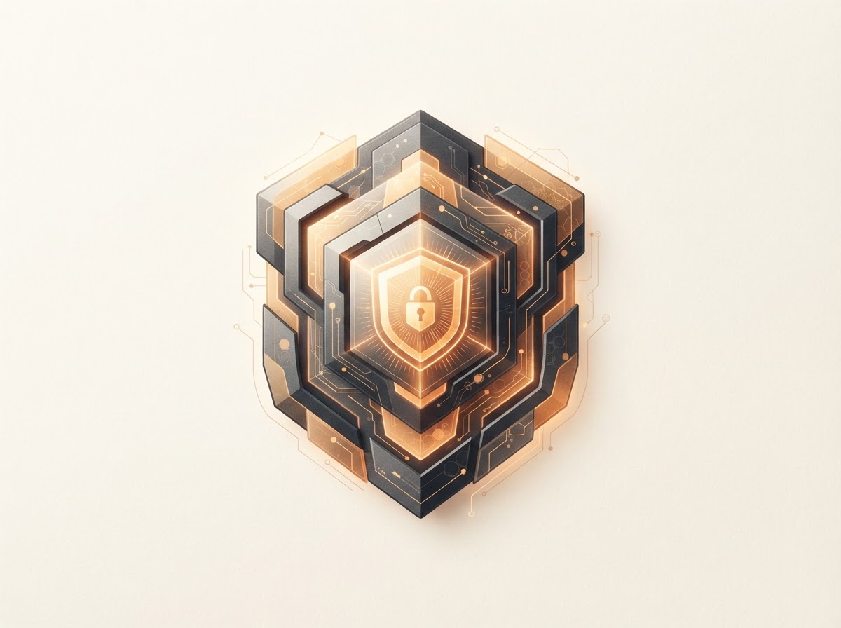 Abstract layered vault illustration representing device-led crypto security