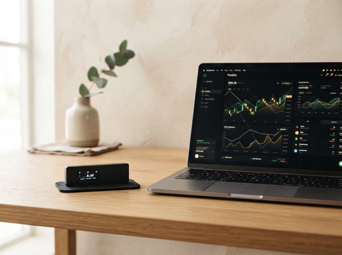 Hardware wallet beside a laptop displaying a crypto portfolio interface