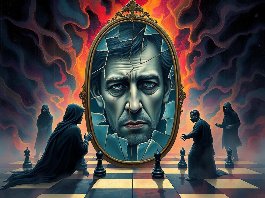 A surreal artwork depicting a broken mirror reflecting Warren’s troubled face, surrounded by shadowy figures representing his fears. The background should be a chaotic blend of colors that symbolize his turmoil, with a hint of a chessboard pattern to reference Bobby Fischer's influence. The composition should focus on the contrast between light and dark, illustrating the duality of his struggle. Use a color scheme that aligns with rgb(50, 170, 39) for the primary color.