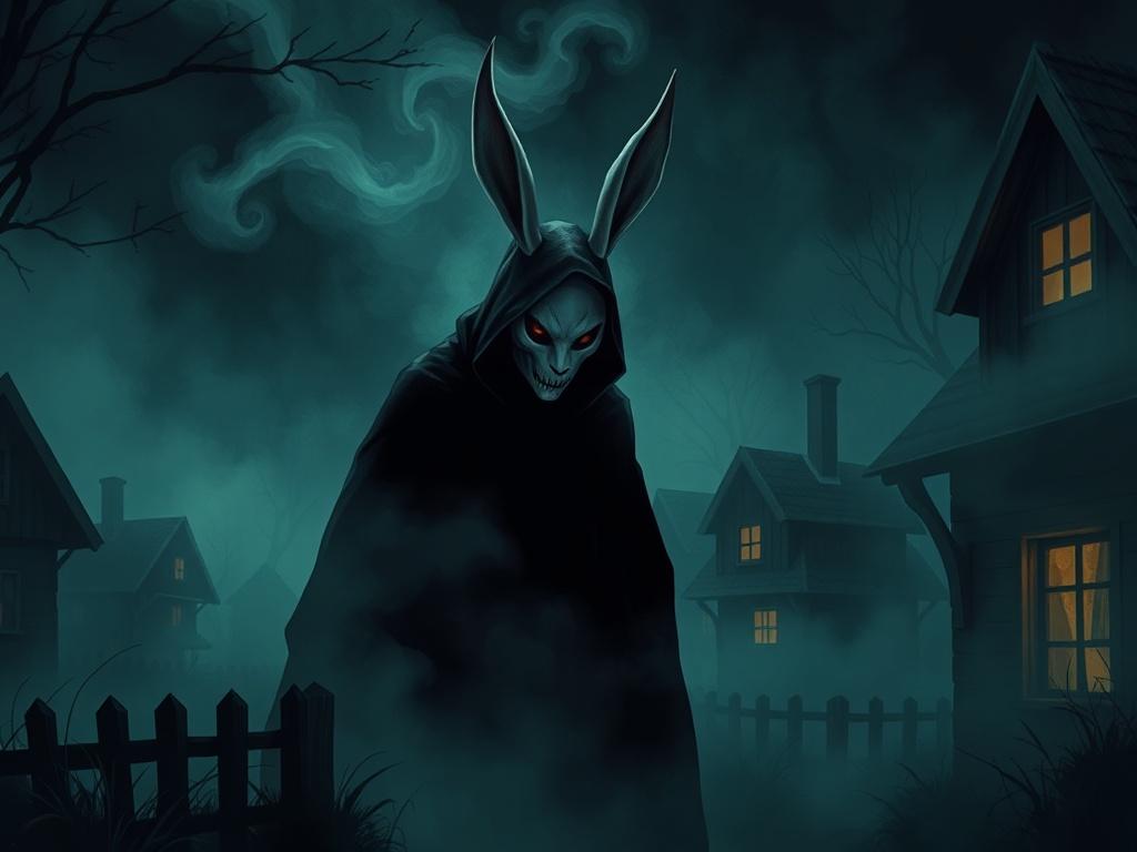 An evocative illustration of a shadowy figure in a rabbit mask lurking in a misty village at night, with villagers peering from their windows in fear. The composition should evoke a sense of dread and curiosity, using a dark color palette that complements the primary rgb(50, 170, 39) theme. Mist swirls around the Beast, creating an atmosphere of suspense and intrigue.