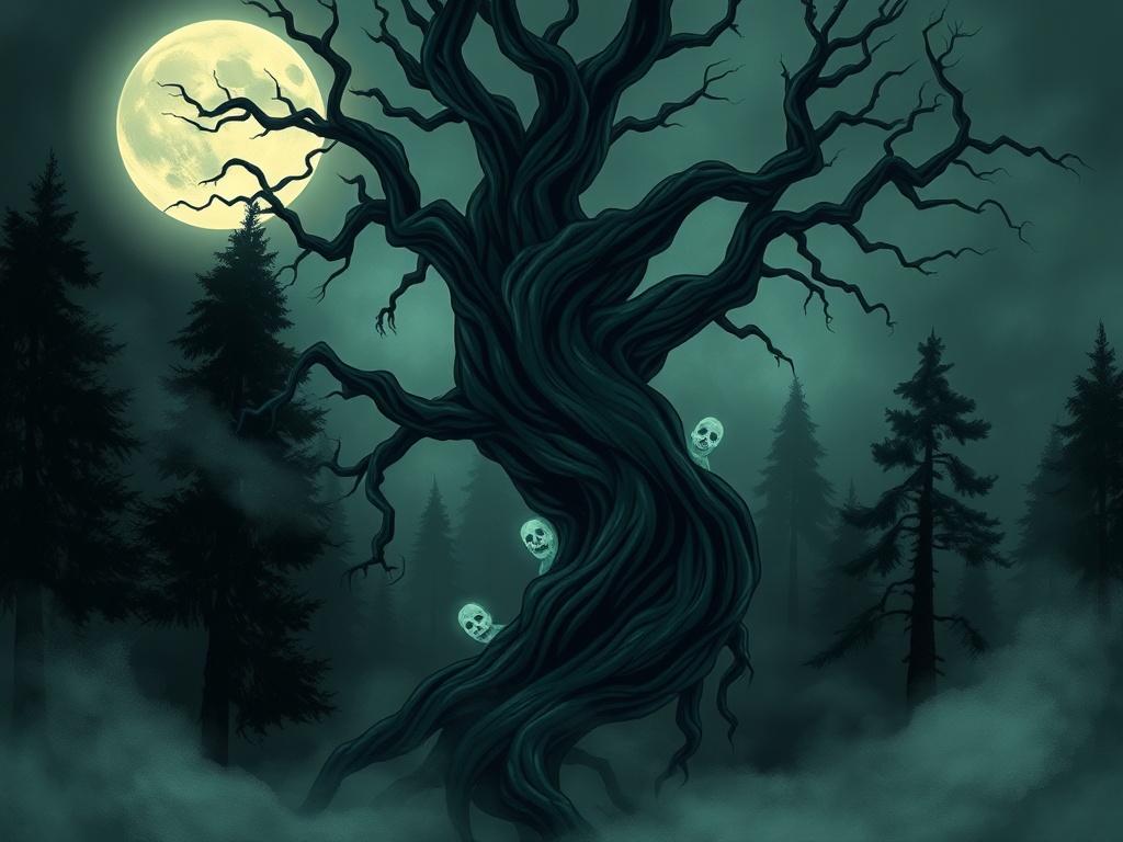 A mystical illustration of a dark forest with an ominous moon casting eerie light. The focus is on an ancient, twisted tree with ghostly figures peeking out from behind it. The background features fog swirling between the trees, enhancing the suspenseful atmosphere, with shadows hinting at secrets hidden in the forest. The color palette should incorporate shades of deep green and dark blue, reflecting the primary color theme of rgb(50, 170, 39).