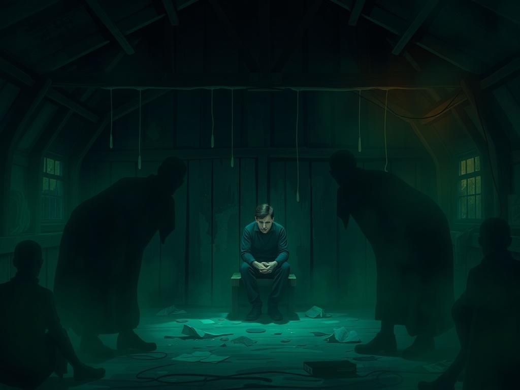 Illustrate a poignant scene of Warren sitting alone in a dark work shed, surrounded by shadows of his past tormentors. The atmosphere should evoke feelings of isolation and despair, with the use of green lighting to maintain the RGB(50, 170, 39) theme. This image should capture the essence of his internal struggle and the weight of his trauma.