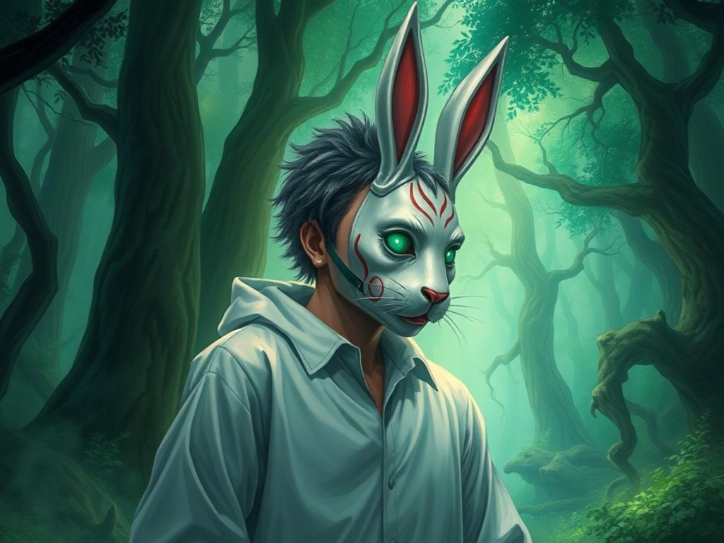 Create a high-quality illustration depicting a character evolution scene featuring Warren in a surreal landscape. He should be shown half in his caretaker outfit and half in the rabbit mask, symbolizing his duality. The background should be a mystical forest with ethereal lighting, blending elements of fear and hope. The colors should be vibrant, with an emphasis on green hues to match the RGB(50, 170, 39) primary color.