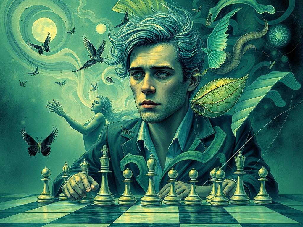 Design a high-quality illustration showing Warren surrounded by swirling images of his hallucinations, including chess pieces to represent Bobby Fischer. The background should be a dreamlike, abstract landscape, capturing the turmoil of his mind. Use a palette that emphasizes green shades and surreal elements to align with the RGB(50, 170, 39) primary color.