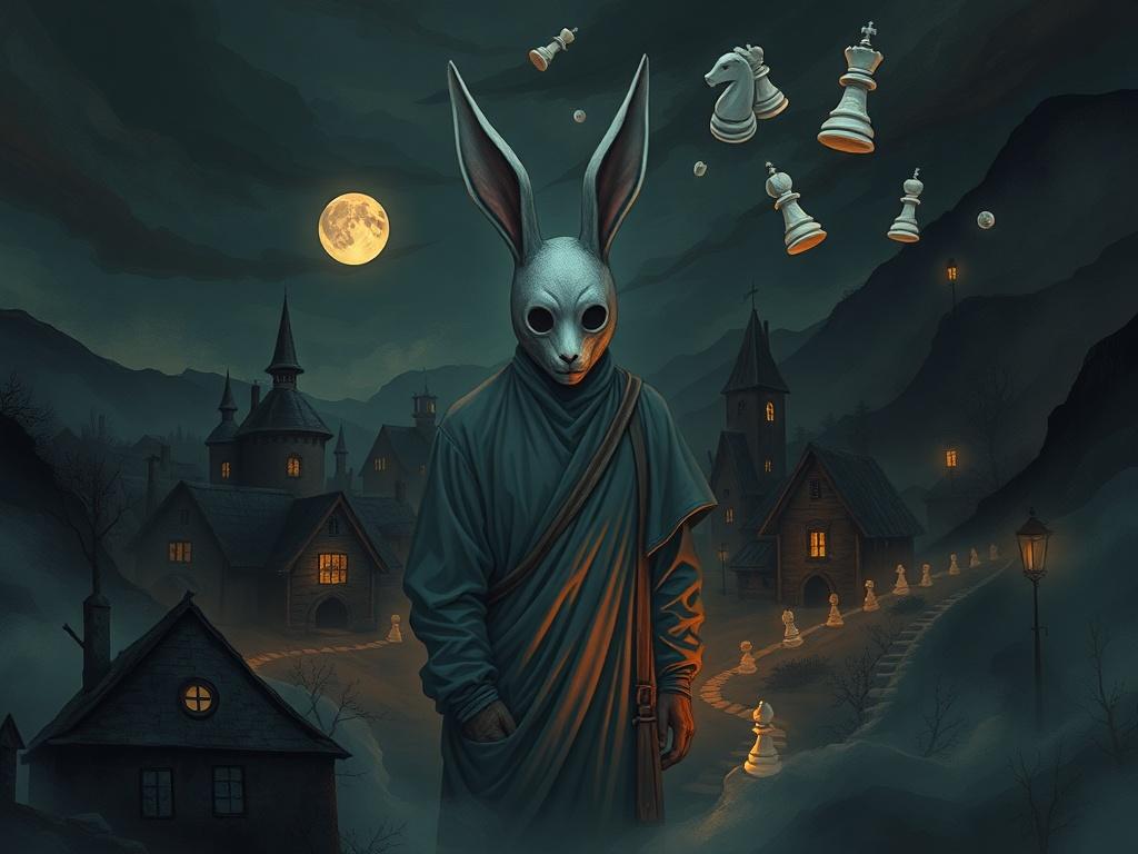 A surreal landscape depicting a caretaker in a rabbit mask, surrounded by shadows and echoes of his past. The background features a village with dark, moody colors, emphasizing the emotional depth of the narrative. Include ethereal elements like floating chess pieces to symbolize Warren's hallucinations, creating a mystical atmosphere.