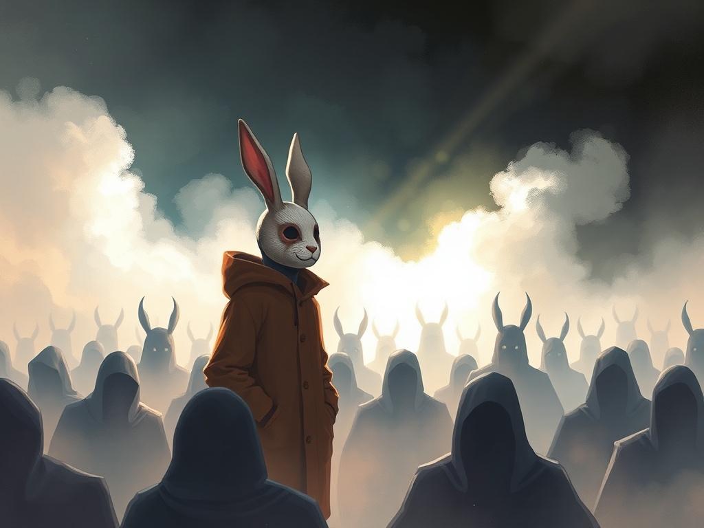 Illustrate a heartwarming scene where Warren, in his rabbit mask, stands amidst a crowd of shadowy figures representing his tormentors. The background should blend light and dark colors, symbolizing the contrast between hope and despair. Use soft, ethereal elements like light rays breaking through clouds to convey a sense of emotional uplift.