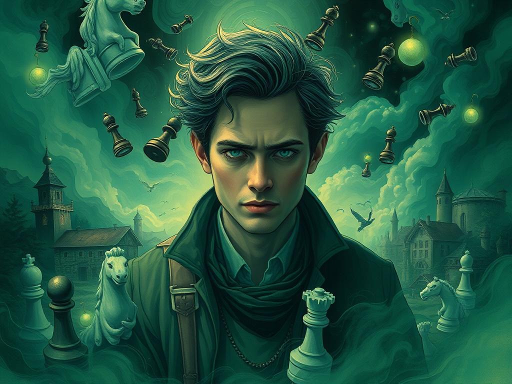 Create an illustration of Warren surrounded by surreal elements like floating chess pieces and distorted village scenery. The color palette should be vibrant with greens and ethereal shades, reflecting the film's mystical and surreal nature. Incorporate dreamlike elements like swirling clouds and abstract shapes to emphasize the visual depth.