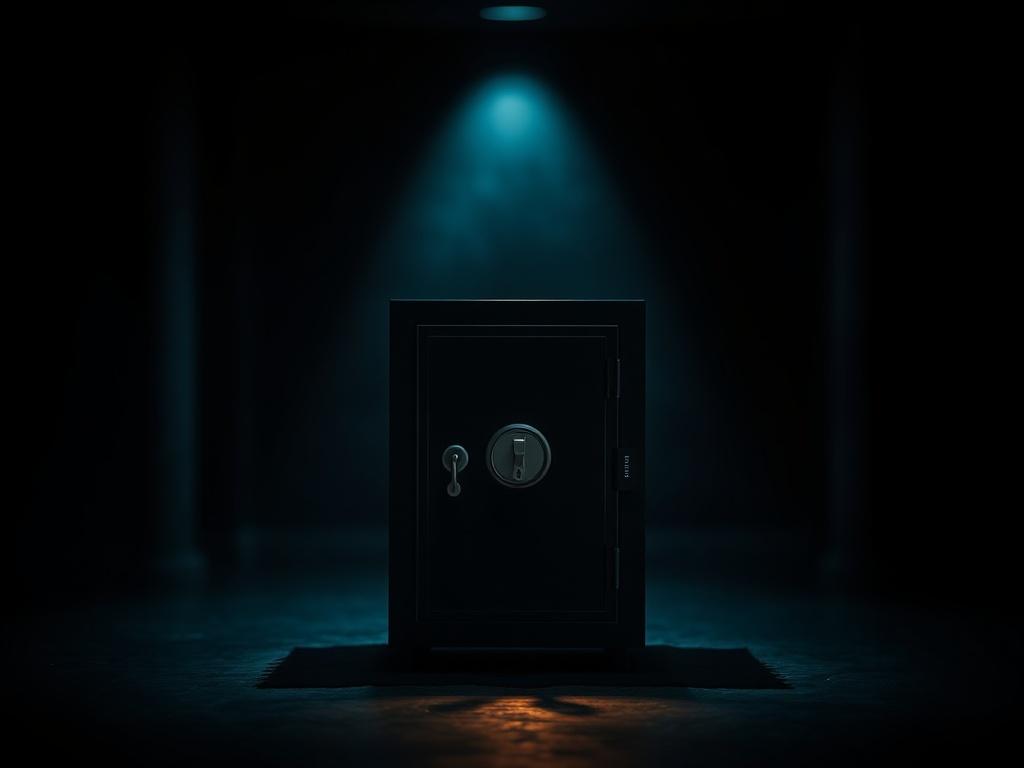 A dramatic scene featuring a dark, shadowy room with a