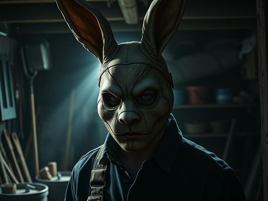 **Prompt for AI Image Generator:**

Create a high-resolution, realistic image that captures the essence of the character Warren from the film "WARREN". The composition should feature Warren as the sole subject, positioned slightly off-center to create a sense of depth. He should be depicted wearing a worn, tattered rabbit mask, which conveys a mix of vulnerability and menace. 

Warren's expression should be hauntingly contemplative, reflecting the turmoil within his mind as he grapples with fear, loss, and 
