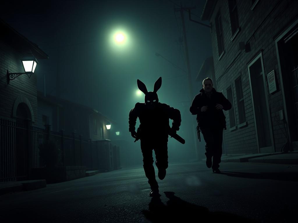 A dramatic chase scene set in the quiet village of Bunny. Warren, wearing the rabbit mask, runs through a foggy street at night, with the silhouette of a relentless cop in pursuit. Streetlights cast long shadows, enhancing the suspense of the moment. The buildings are old and slightly dilapidated, reflecting the village's secrets. The atmosphere is charged with tension and urgency, capturing the essence of Warren's frantic escape.