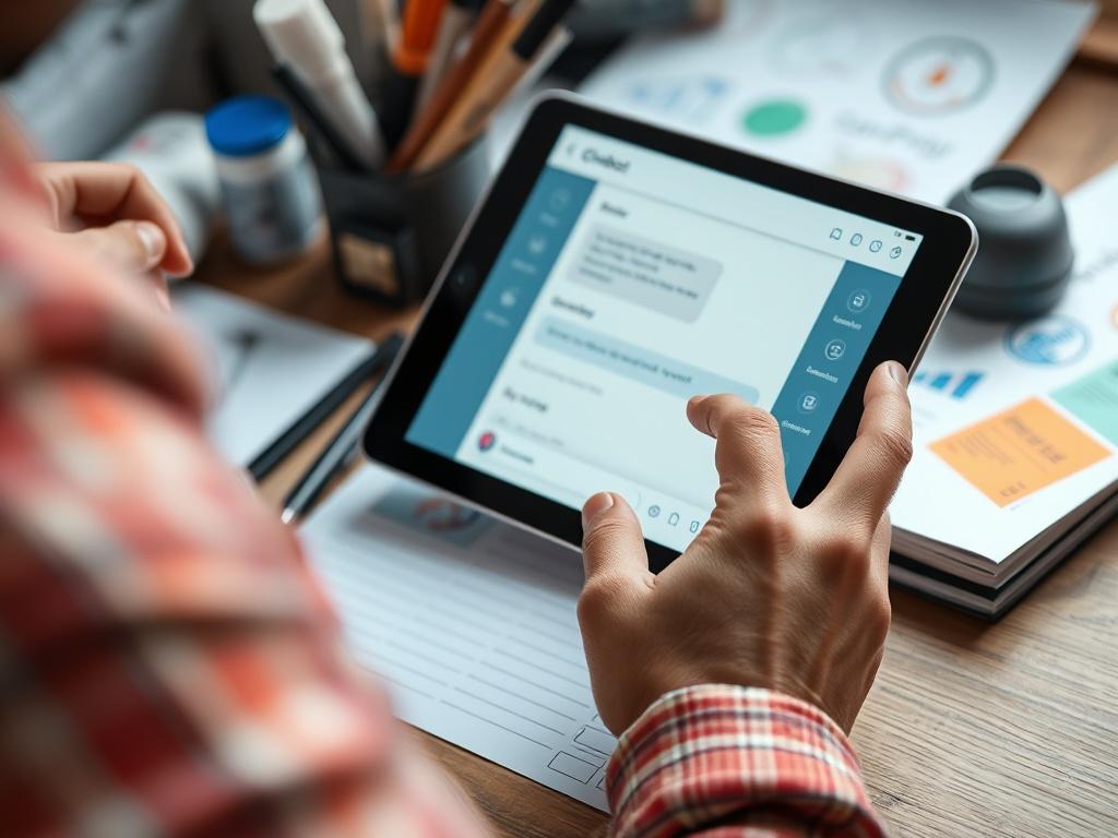 A close-up shot of a designer customizing a chatbot interface on a tablet. The background shows design tools and brainstorming materials, highlighting the creativity involved in personalizing chatbot features and conversation styles.