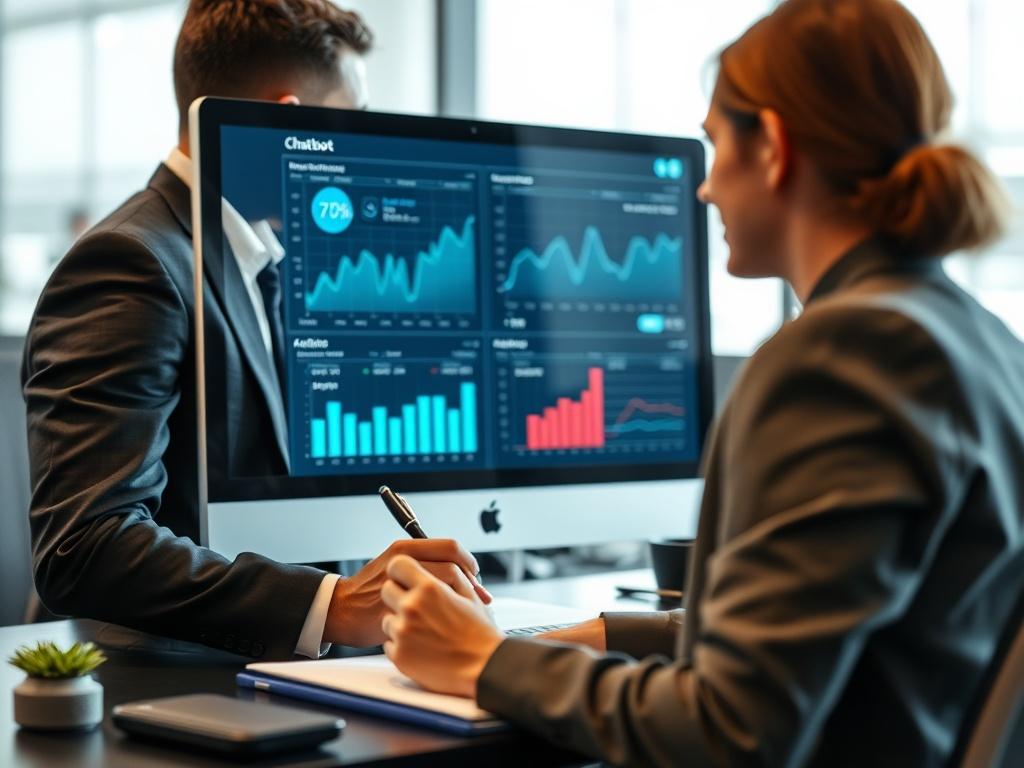 A hyper-realistic close-up of a professional reviewing chatbot analytics on a computer screen in an office environment. The screen shows graphs and performance metrics, with a person taking notes, emphasizing the management aspect of chatbot performance.