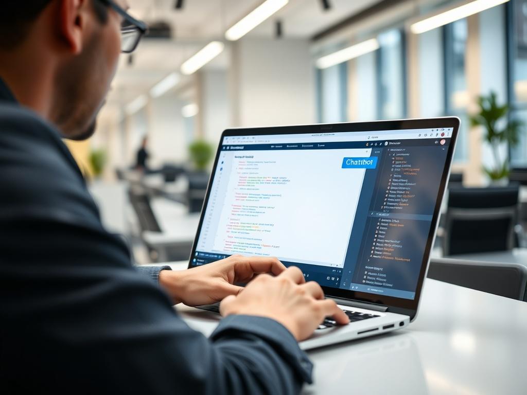 A close-up shot of a professional setting where a person is configuring a chatbot on a laptop, the screen displays chatbot code and design elements. The background is a modern office space with bright lighting, minimalistic decor, focusing on the person and the laptop.