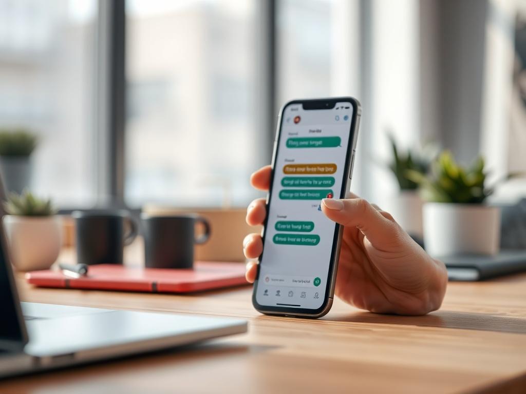 A hyper-realistic close-up shot of a friendly chatbot interface on a smartphone screen, set against a clean modern workspace with soft natural lighting. The focus is on the smartphone displaying a chat conversation, emphasizing engagement and interaction. The background is blurred to keep the attention on the smartphone, and the overall color scheme incorporates tones that align with the primary color rgb(2, 86, 197).
