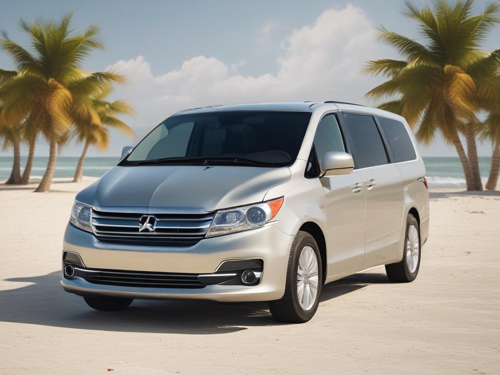A realistic high-resolution image of a modern minivan parked on a sunny beach in South Florida. The minivan should be the focal point, showcasing its spacious interior and family-friendly features through open doors. The background should feature soft sand and gentle ocean waves, creating a peaceful and inviting atmosphere. The lighting should be warm and bright, emphasizing the sunny Florida vibe.