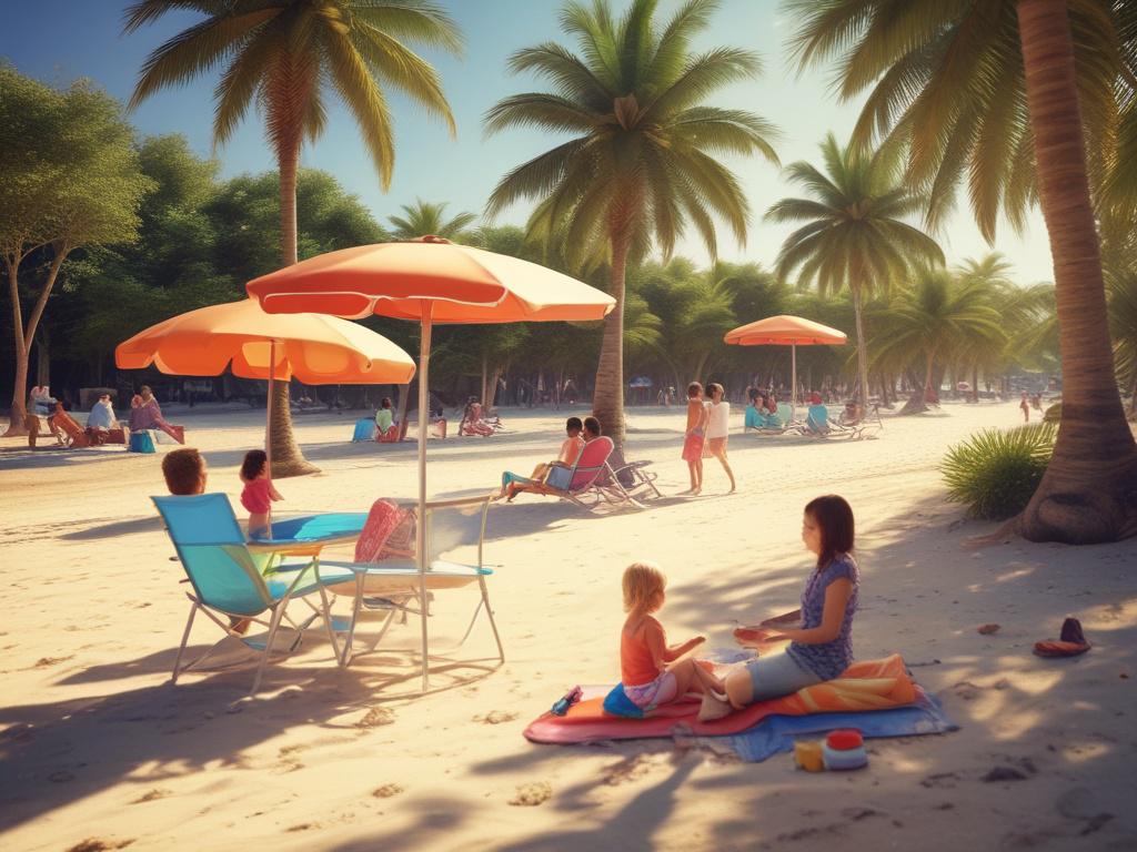 A vibrant beach setting with families engaged in various activities,