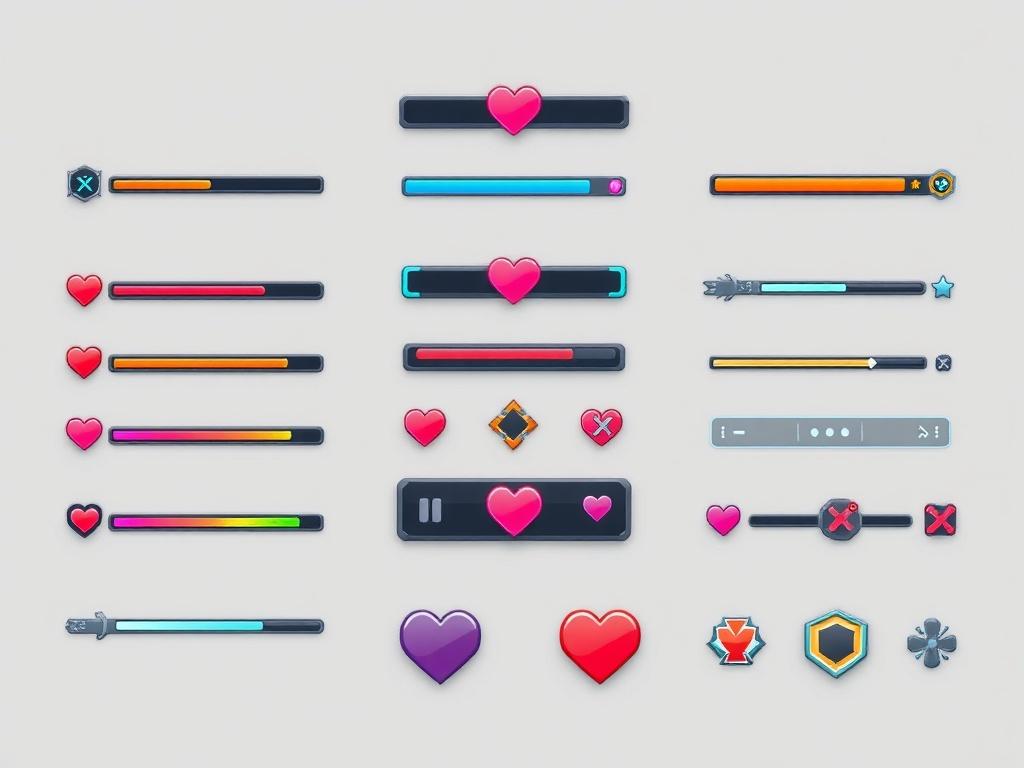 A clean and modern collection of 2D game UI elements,