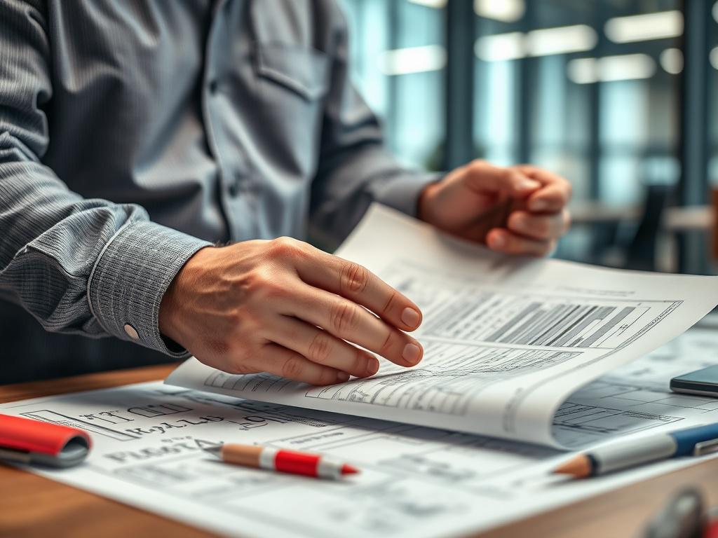 A hyper-realistic close-up shot of a professional safety inspector examining architectural blueprints and building plans related to fire safety compliance. The focus is on the inspector's hands holding the documents, with a modern office background softly blurred. The lighting highlights the details on the blueprints, using a 45mm f/1.2 lens style to create a shallow depth of field. The image uses the rgb(50, 170, 39) primary color subtly in the environment, such as in a folder or pen on the desk.