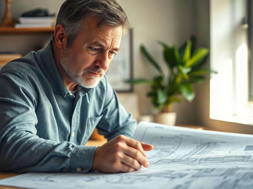 Create a realistic high-resolution close-up image that reflects the theme "Brandveiligheid in de Ontwerpfase." The composition should feature a single subject: an architect or designer, focused intently on a detailed blueprint spread out on a drafting table. The subject should be a middle-aged individual with a thoughtful expression, symbolizing expertise and care.

In the background, include soft, blurred elements of an office setting, such as shelves with building materials, safety manuals, and a small pl