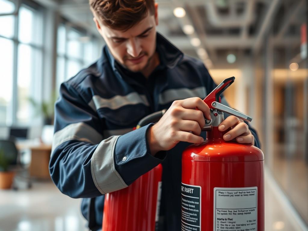 A hyper-realistic close-up photo of a professional fire safety consultant inspecting fire safety equipment in an office building. The image is shot with a 45mm f/1.2 lens style, focusing sharply on the consultant's hands checking a fire extinguisher. The background is softly blurred, showing an interior with modern office elements. The primary color rgb(50, 170, 39) is subtly reflected in the consultant's uniform or the equipment. The composition is simple and clear with one subject in the image, conveying