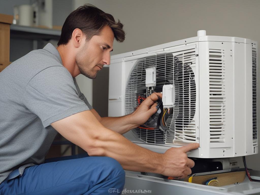 A professional technician installing a new HVAC unit in a residential setting. The image shows the technician carefully positioning the unit, with tools laid out neatly beside them. The background displays a modern home interior, emphasizing a clean and organized workspace. The lighting is bright, showcasing the technician’s focused expression. The color scheme should align with the brand's cool blue theme, enhancing the professional look of the installation.