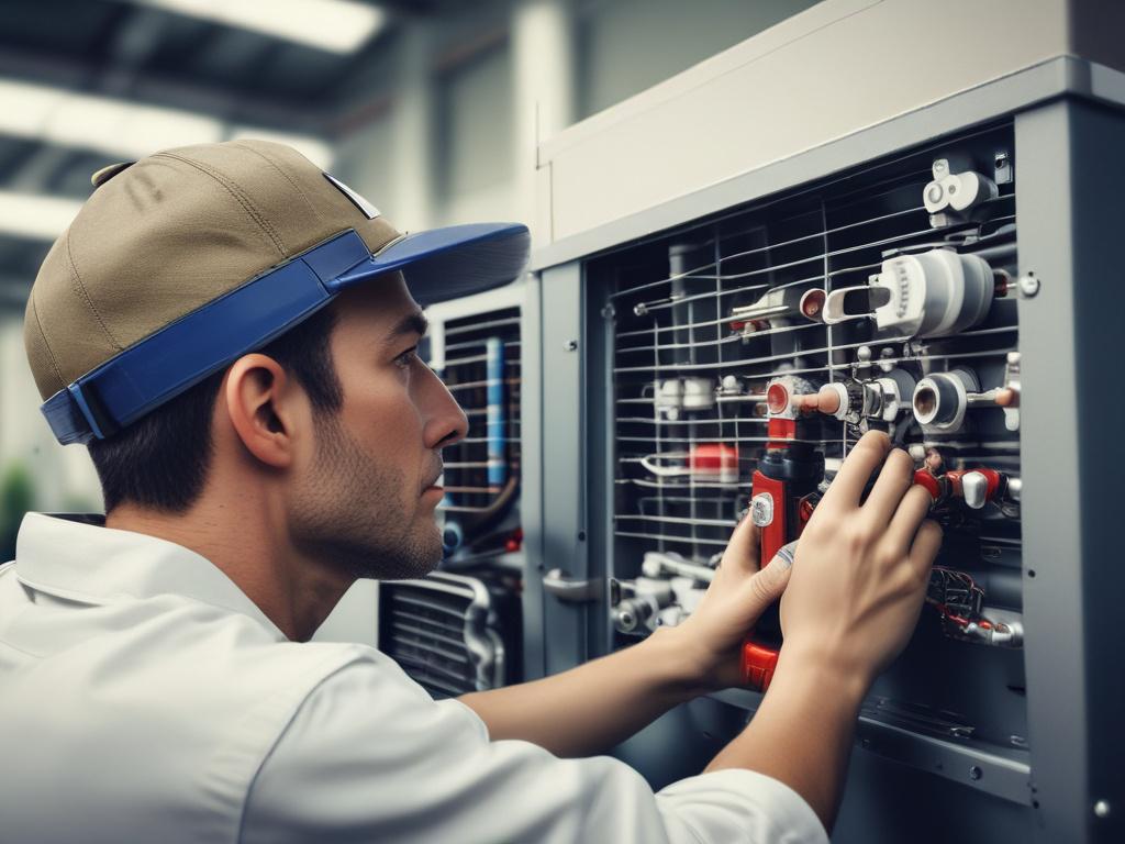 A close-up shot of a technician performing maintenance on an HVAC unit, showcasing tools and equipment in the background. The focus is on the technician's hands as they inspect the system, ensuring a clean and organized workspace. The lighting highlights the details of the HVAC components, creating a professional and engaging atmosphere. The image should convey a sense of expertise and reliability, with a calming cool blue tint to match the brand's color scheme.