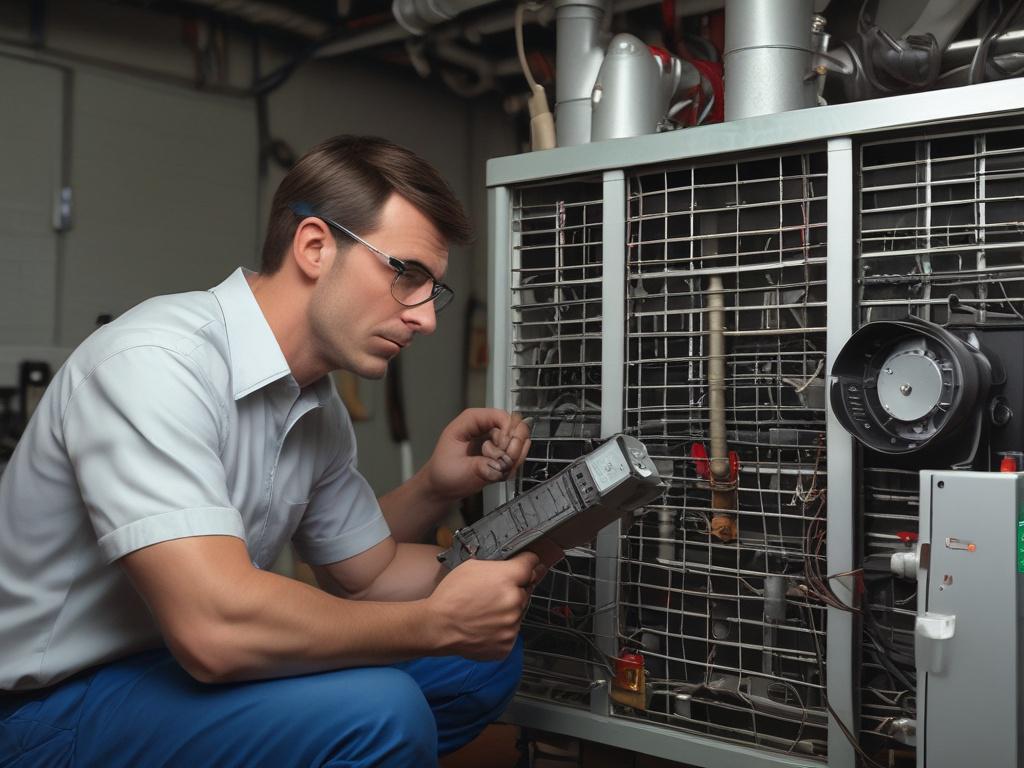 A technician inspecting a broken HVAC unit, with tools and diagnostic equipment nearby. The technician is focused on troubleshooting the issue, showcasing a professional demeanor. The background is slightly blurred to emphasize the technician and the HVAC system. The image should convey urgency and expertise, with a cool blue color palette to resonate with the brand's identity.
