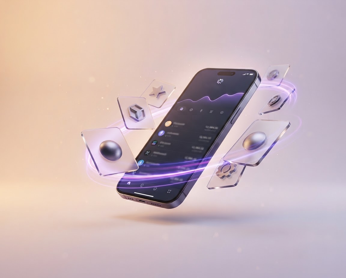 A smartphone displaying a modern crypto wallet surrounded by glowing digital asset tokens