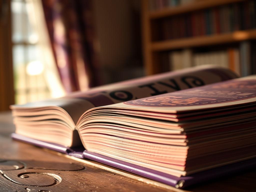 A close-up shot of a beautifully bound book resting on a wooden table. The book's cover is intricately designed with rich colors that pop, reflecting creativity and passion. Soft natural light illuminates the scene, creating warm highlights and deep shadows that enhance the texture of the book's pages. The background is softly blurred, focusing attention on the book, while the color palette incorporates shades of purple, aligning with the RGB(69, 10, 186) theme.