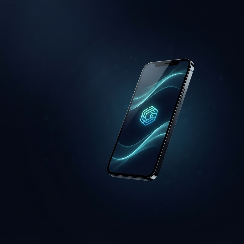 A dark smartphone with an abstract teal wallet emblem glowing on its screen