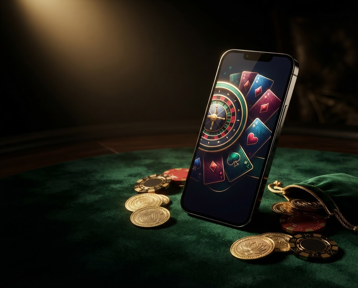 A premium mobile casino gaming experience with cards and roulette-inspired details