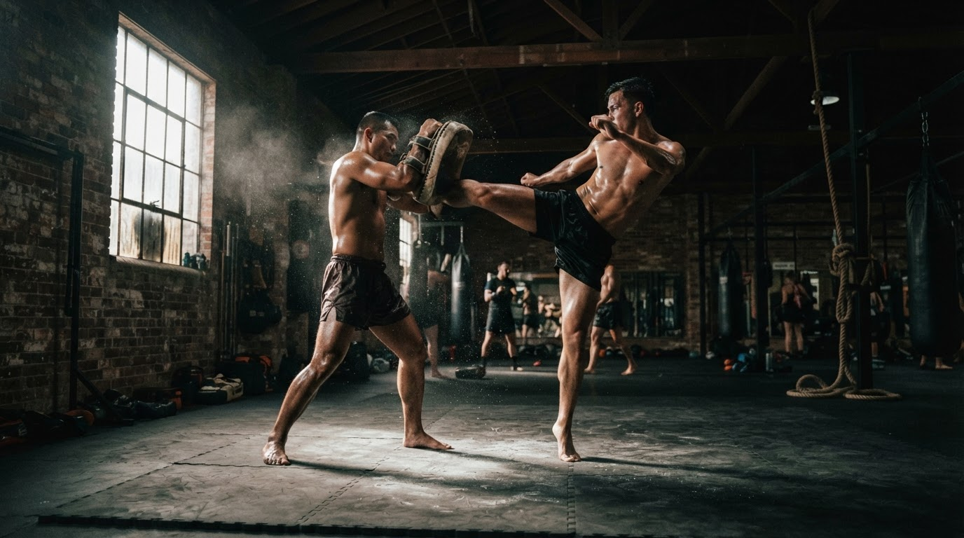 Muay Thai pad work: a student lands a high roundhouse kick on pads held at head height