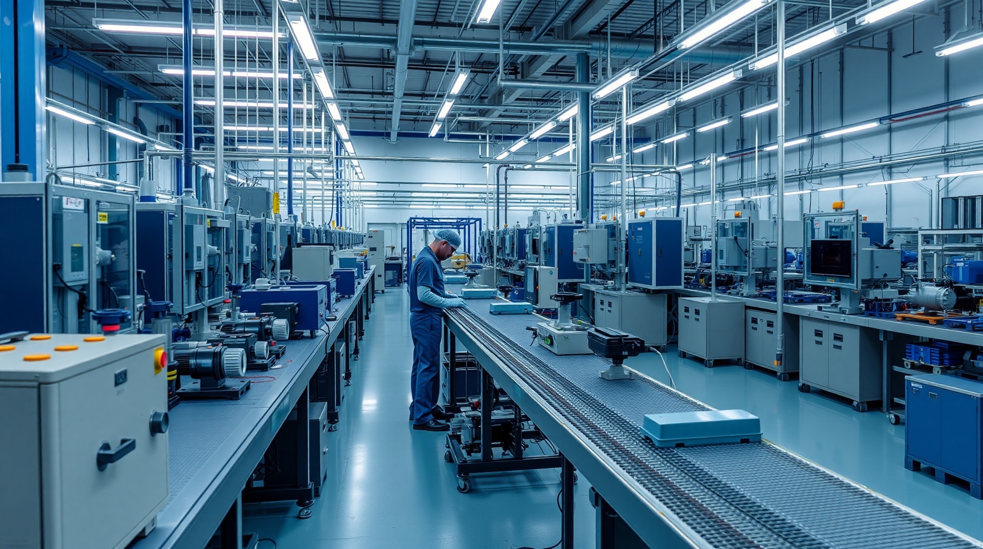 Modern lean manufacturing facility producing precision flow meters with quality control stations