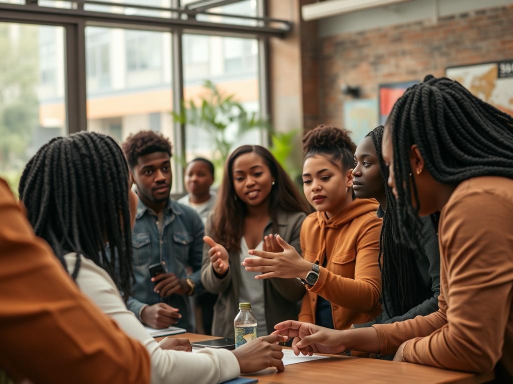 A diverse group of urban individuals, including African American, Latin American, and Caucasian participants, engaged in a hands-on training session focused on community safety and violence prevention. The setting is an urban community center, with large windows allowing natural light to illuminate the room. The participants are actively collaborating, discussing, and sharing ideas, showcasing unity and empowerment. The image should capture the essence of community engagement and diversity, with a warm and 