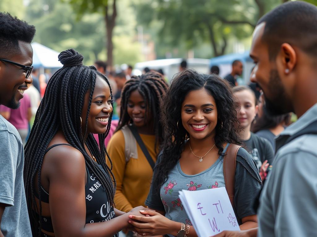 A diverse group of community members, including African American, Latin American, and Caucasian individuals, participating in a lively community engagement event. The setting is a local park filled with booths showcasing various initiatives and resources. People are interacting, sharing ideas, and collaborating on projects. The image should convey a sense of community spirit, inclusiveness, and the joy of coming together to make a difference.