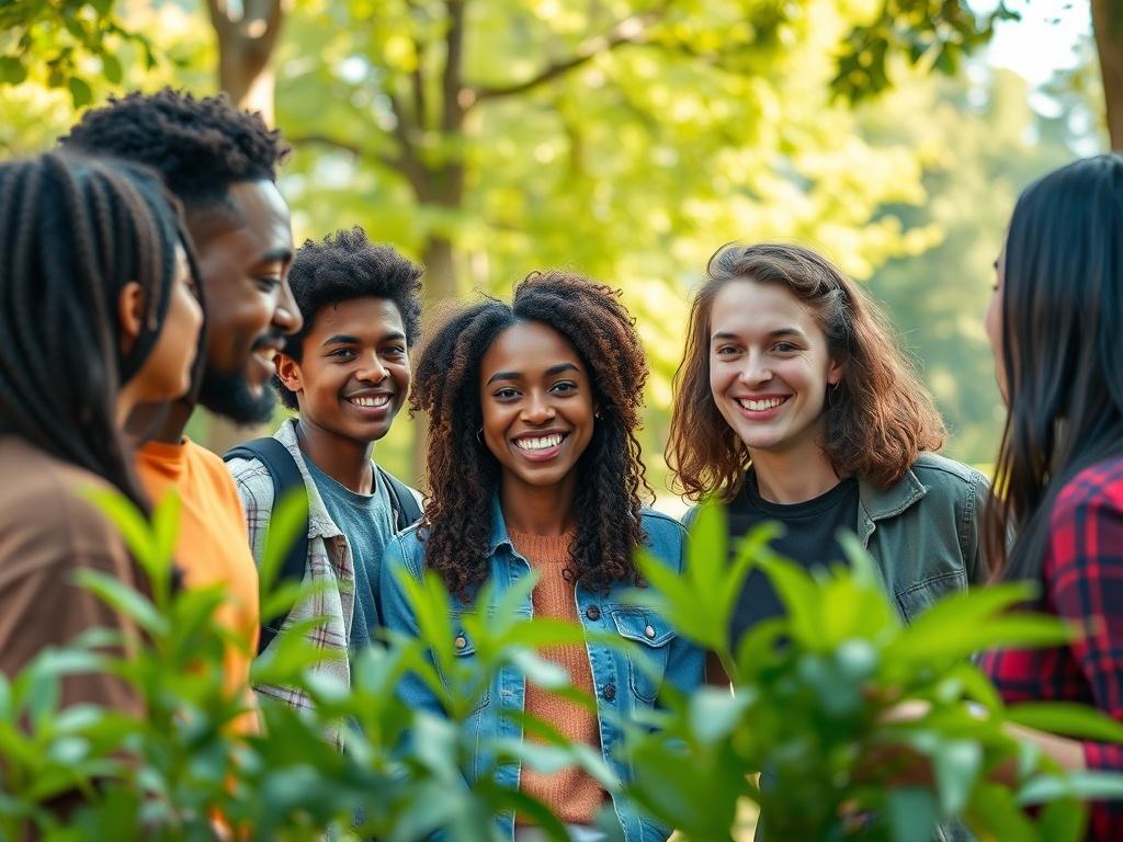 A group of diverse young individuals, including African American, Latin American, and Caucasian teens, participating in a lively leadership workshop. The scene is set outdoors in a park, with vibrant greenery around them. The teens are engaged in team-building exercises, sharing ideas, and demonstrating leadership skills. The image should reflect a sense of enthusiasm, collaboration, and empowerment, showcasing the importance of youth leadership in diverse communities.