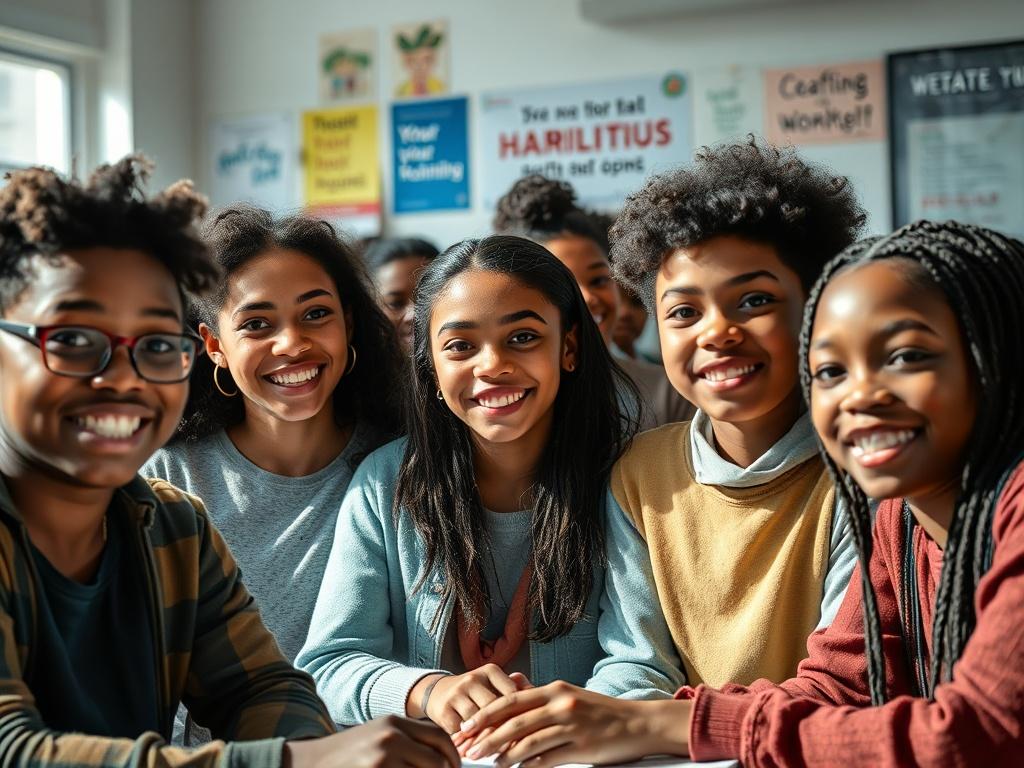 A close up shot of a diverse group of young