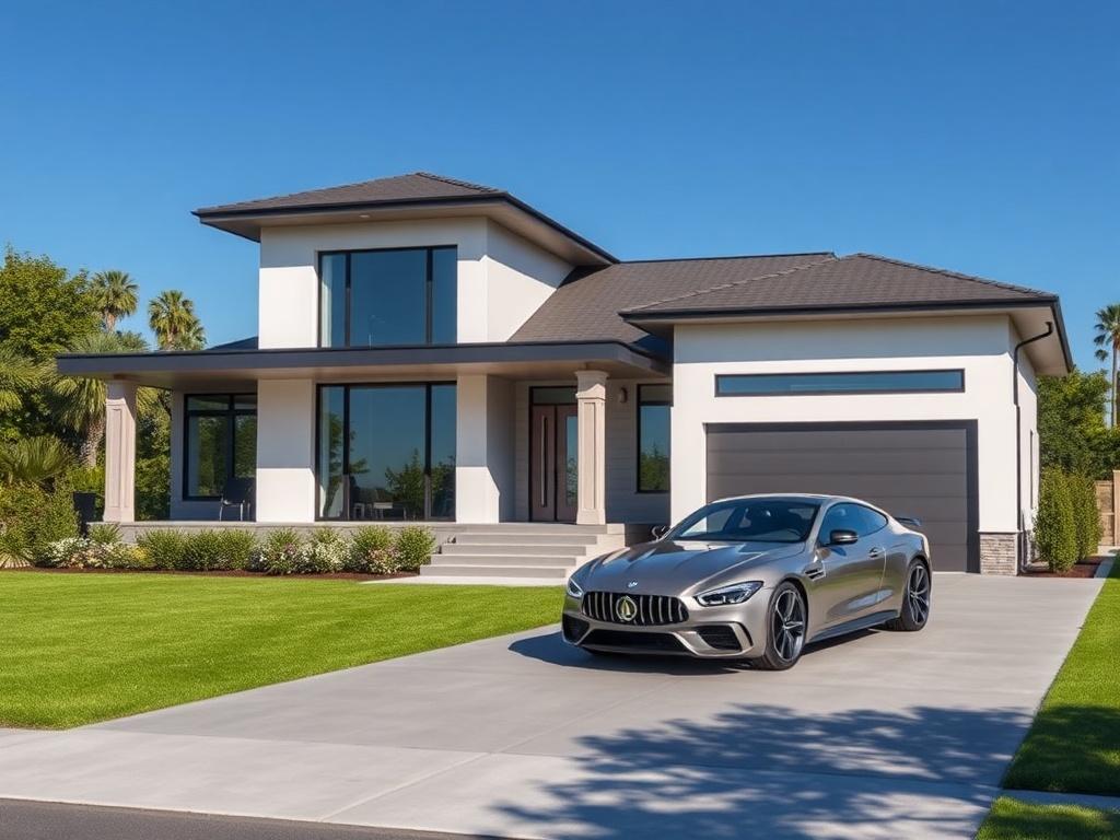 A realistic high-resolution photo of a sleek, modern house with a well-maintained lawn and an elegant car parked in the driveway. The house should feature large windows, a spacious porch, and contemporary architectural design. In the background, a clear blue sky adds to the serene atmosphere of the scene. The image should convey a sense of luxury and comfort, reflecting the themes of legal house and car services.