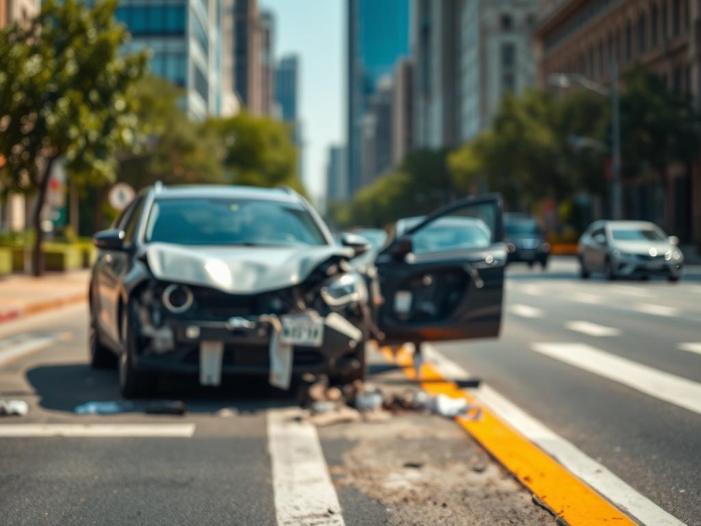 A high-resolution photo of a damaged car after an accident, positioned prominently in the foreground. The background should feature a blurred city street to indicate an urban setting. The lighting should be natural, capturing the essence of a typical day. The focus should be on the car's damage, showcasing the impact of the accident, while maintaining a professional yet empathetic tone.