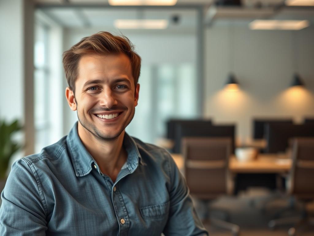 A testimonial image featuring a mixed-race man with light skin and short brown hair, sitting in a modern office environment. The background should be a clean, professional setting, emphasizing trust and confidence. The man is casually dressed, looking directly at the camera with a friendly smile. The overall mood should be positive and inviting, showcasing a sense of satisfaction and assurance.